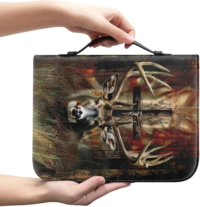 Leather Bible Cover, Carrying Bible Book Bag Church Case,Bible Protective with Handle for Men Women,Gothic Style Deer and Cross,Small