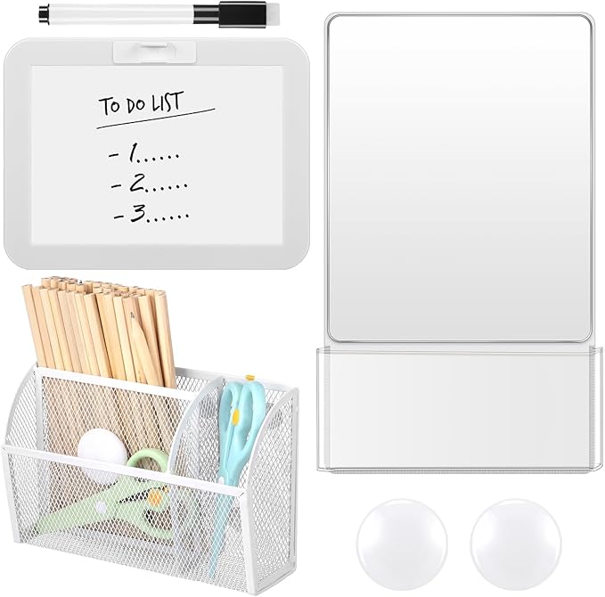 Fuyoooo Magnetic Locker Accessories Back to School Essentials Include Magnetic Mirror with Holder Magnet Mesh Pen Holder Small Whiteboard and Magnet for Office School Locker Organizer(Classic,White)