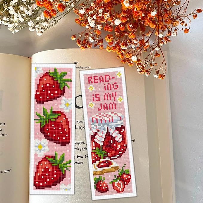 BEUNITONE 6PCS Cross Stitch Bookmarks Kit for Adults Beginners,Strawberry Book Mark DIY Stamped Embroidery Bookmark Kits with Backing Felt Floss,8.5''x3'' Page Markers for Students Teachers Reading