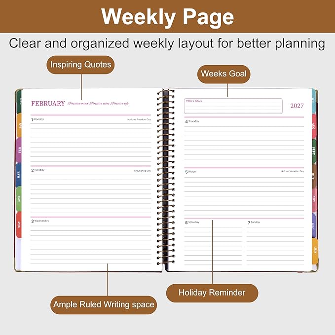 Planner 2026-2027, Leather Two-Tone Planner, 18 Month Weekly and Monthly Planner Calendar with Tabs, Jul 2026–Dec 2027, Large 8.5" x 11" A4 Hardcover Spiral Agenda Planner for Home, School and Work （Brown）