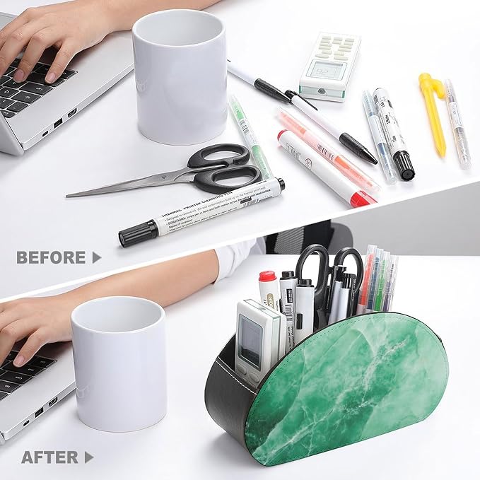 Green Marble Remote Control Holder with 5 Compartments Leather TV Remote Caddy Remote Storage Box Desktop Organizer for Pen/TV Remotes/Media Controllers/Office Supplies