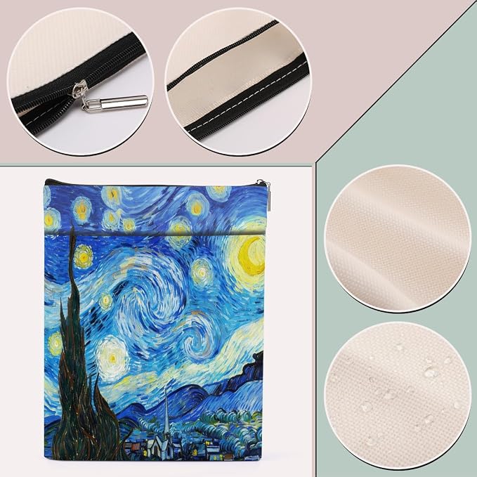 Gogh Starry Night Book Sleeve, Book Lovers Gifts Sleeve with Zipper & Front Pocket, 11.4x8.8 Inch Canvas Books Cover Protector Bookish Gifts for Readers Librarian Women Teacher