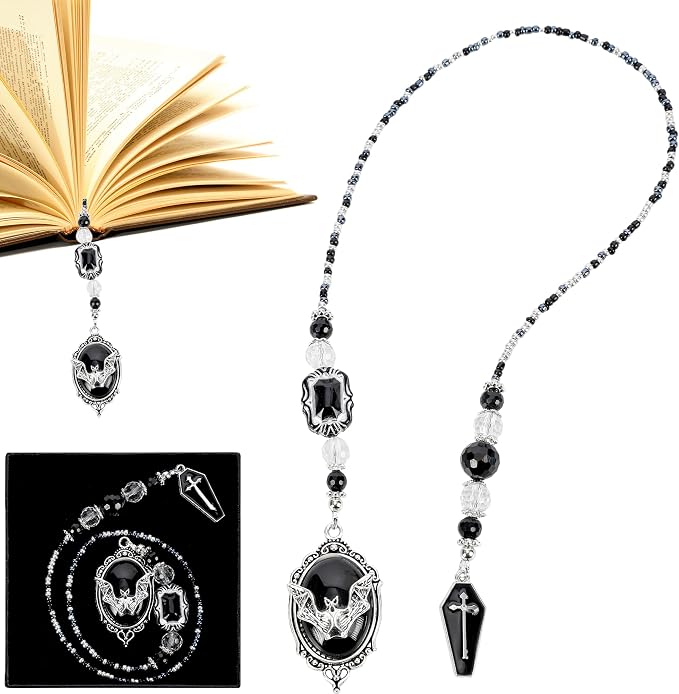 Gothic Halloween Bookmark Gifts - Black Goth Bat Coffin Beaded Bookmarks for Women Men Book Lovers Crystal Bead Chain Page Marks School Office Reading Accessories Bookish Gift for Birthday