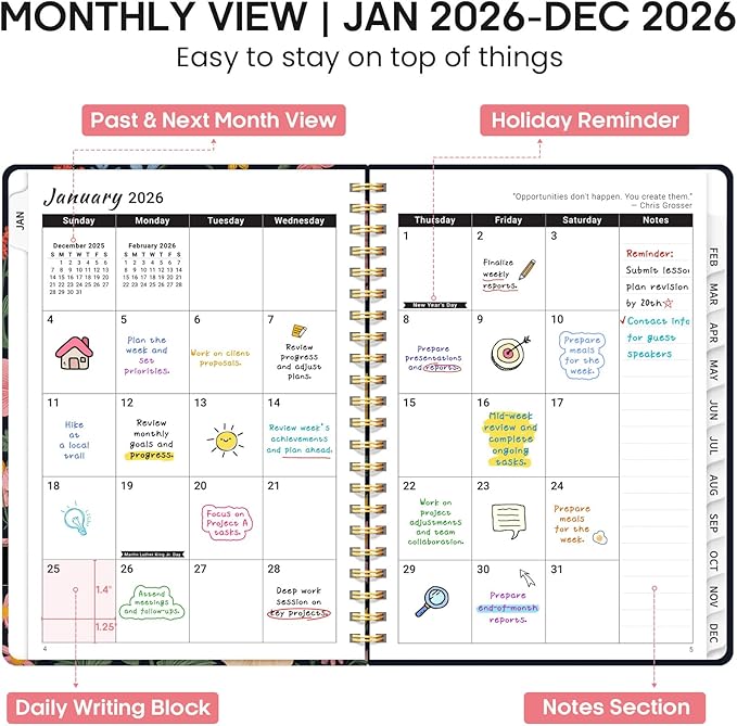 2026 Planner, Weekly and Monthly Calendar Planner Book, January 2026 - December 2026, Hardcover Spiral Planner with Monthly Tabs, Notes Pages, Perfect for Women & Men, A5 (6.4" x 8.5") - Bird