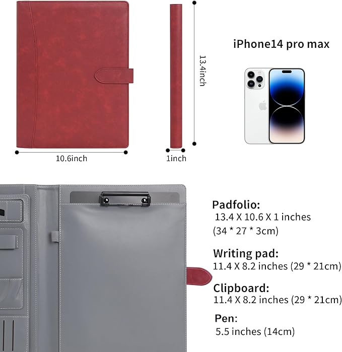 Wason Portfolio Padfolio A4 Leather PU Folder File Document Holder Case with Writing Pad Removable Clipboard Card Stationary Case Phone Tablet Stand for Organizer Office Travel School (Red Wine)