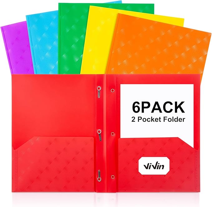 ViVin Plastic Folders with Pockets and Prongs,6 Pack,Heavy Duty 2-Pocket File Folder with 3 Fasteners,Fits Letter Size Paper,for School Home and Office(Assorted Color)
