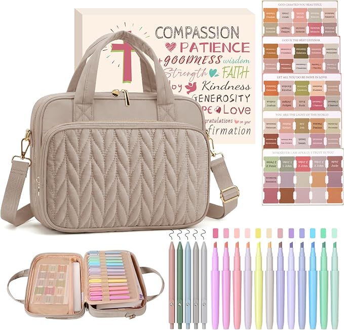 BellaHold Bible Cover Case for Women, Large Bible Bag with Study Supplies, Bible Journaling Kit with Highlighters and Pens No Bleed, Christian Gift for Women (Shoulder Strap, Smokey Taupe)
