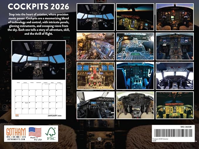 Cockpit Airplane Calendar 2026 Plane Monthly Wall Calender 12 Month | American Made In The USA