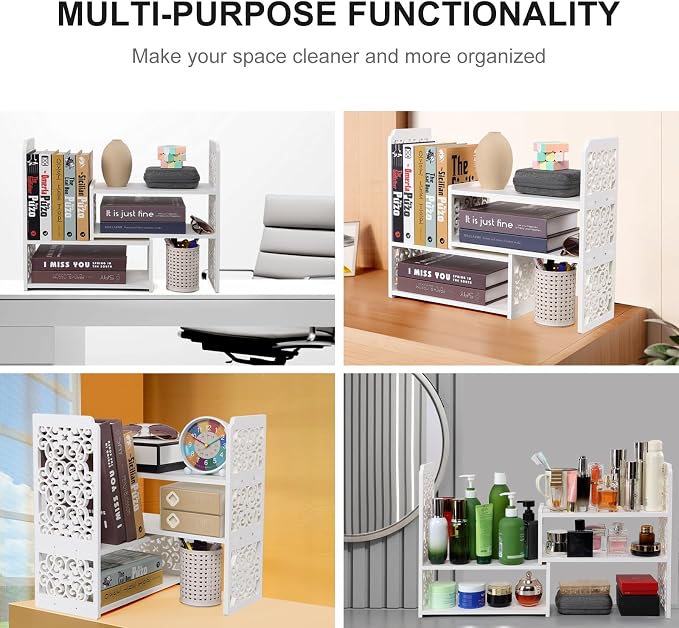 EARTHSON Desk Organizer Shelf, Expandable Bookshelf for Desk, Small Desktop Bookshelf, Mini Cute White Adjustable Office Desk Shelves