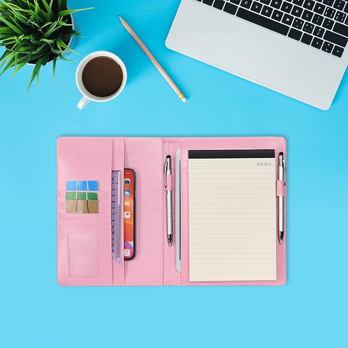 Wonderpool A5 PU Leather Clipboard Partfolio Recipe Binder Notepad Forms Holders Document Case - Interview Planner Meeting Writing Padfolio File for Office Travel School Hotel Restaurant (A5,Pink)