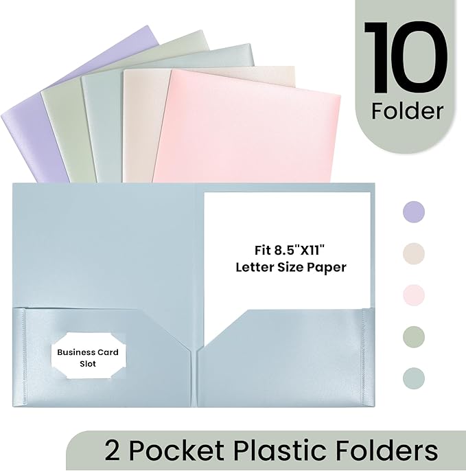 GNL Plastic Folders with Pockets, Pack of 10, Muted Pastel Colors, Heavy Duty 2 Pocket File Folders Letter Size, Pocket Folders for School, Home, and Office