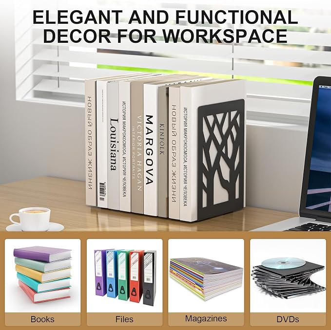 Bookends 4 Pieces, Tree Design Modern Metal Bookends for Shelves, Black Tree Book Ends Decorative Book Organizer for Desk, Decorative Shelve Book Stopper for Home Office