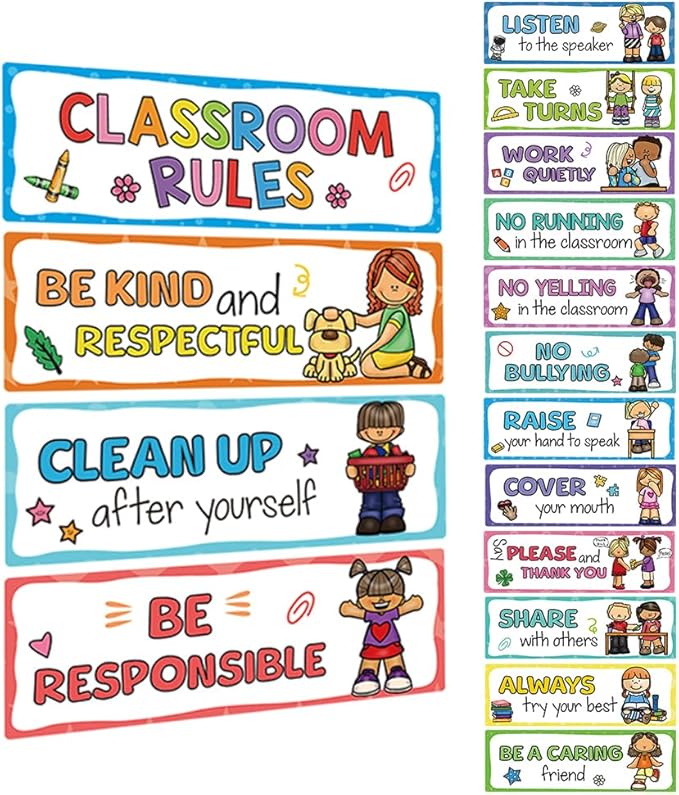 Lachilly 16Pcs Classroom Rules Cards, Class Interactive Social Distancing, Subject Titles for Bulletin Board Boarder Headliners, Classroom Decoration, Social Cognitive Card Teaching Aids 10.4x3.4 inch