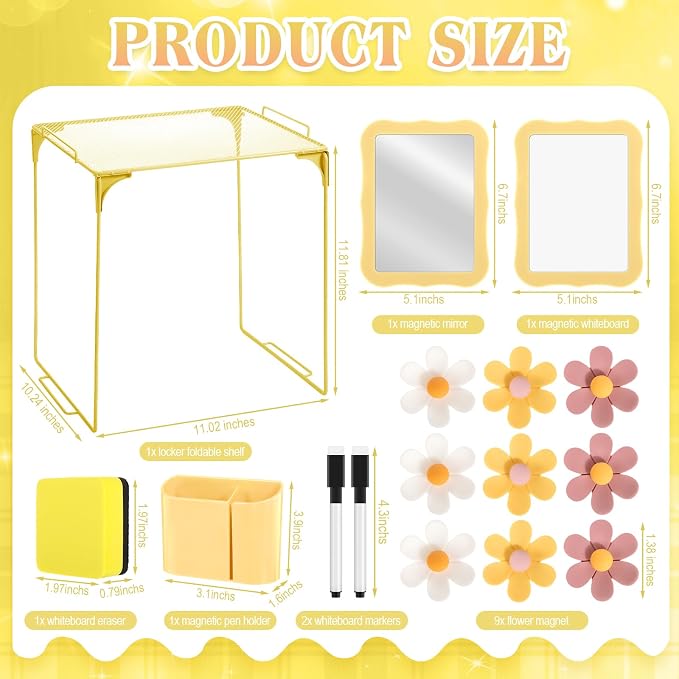 Colarr 16 Pcs Yellow Locker Accessories for Girls Includes Magnetic Whiteboard & Mirror Locker Shelf Pen Holder 2 Dry Erase Marker & Eraser 9 Flowers for Back to School Essentials Decoration