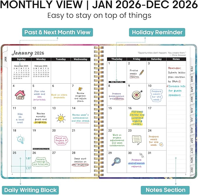 2026 Planner, Weekly and Monthly Calendar Planner Book, January 2026 - December 2026, Hardcover Spiral Planner with Monthly Tabs, Notes Pages, Perfect for Women & Men, A4 (8.5" x 11") - Gold