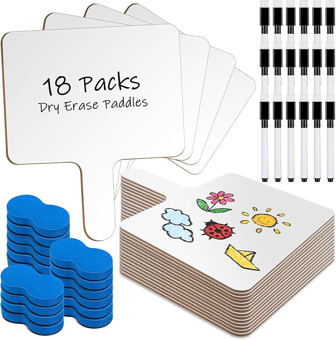 Dry Erase Paddles, 18-Pack Double-Sided Whiteboards with Handles, 8 x 12 inches, Includes Markers and Erasers