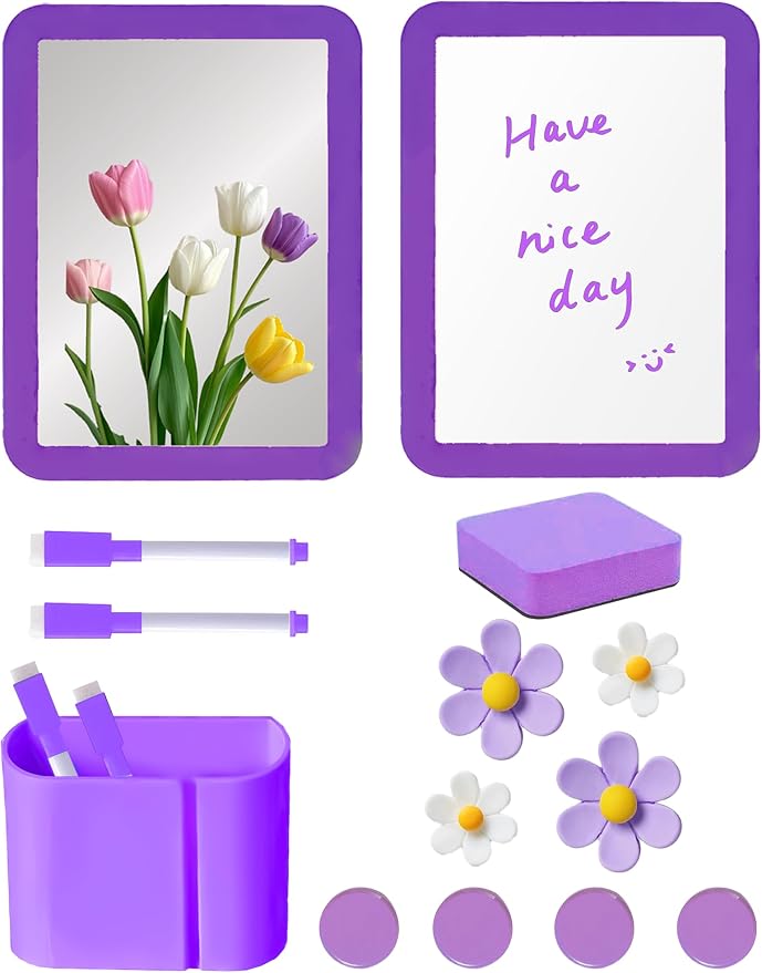 Locker Accessories Kit for Girls, 14PCS Back to School Supplies Includes Magnetic Whiteboard, Mirror, Pen Holder, Markers, Magnets, Locker Organizer & Decorations for School Locker Home Office-Purple