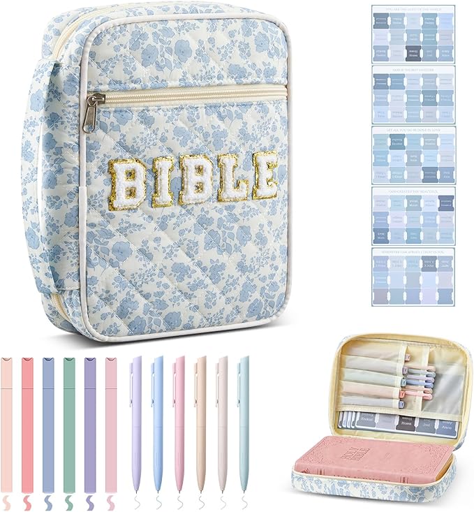 Sinload Quilted Bible Cover Case for Women Large Carrying Bag with Organizer Tabs 6 Colored Pens 6 Highlighters Book Tote Bags with Handle Bible Carry Supplies Christian Gifts(Blue Floral)