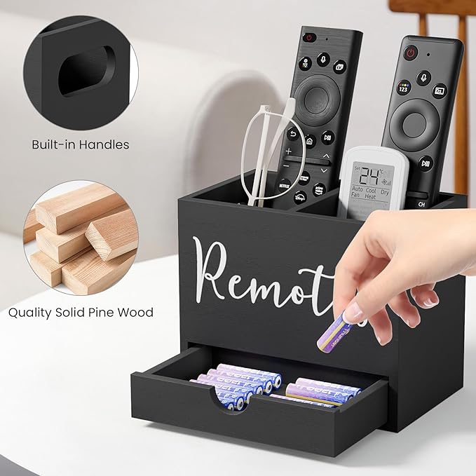 Remote Control Holder, TV Remote Holder with Drawer, Wood Remote Control Organizer for Table, Media Storage Box for Nightstand, Living Room (Black,2 Slots)