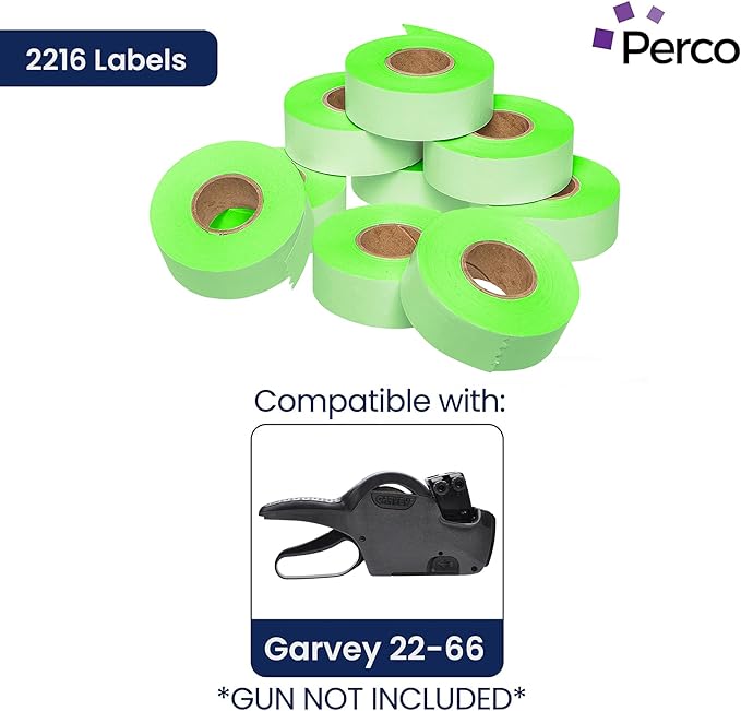 Perco Fluorescent Green Garvey 2216 Pricing Labels for Garvey 22-66/22-77/22-88 Two Line Pricing Gun - 9 Rolls, 1 Sleeve - 9,000 Pricemarking Labels and 1 Inker Included