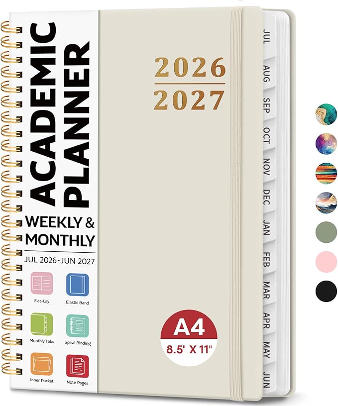 8.5" x 11" Academic Planner 2026-2027, Weekly & Monthly Calendar Planner Book, July 2026 – June 2027, Large Hardcover Organizer with Tabs, Perfect for Teachers, Students, Women & Men – A4, Beige