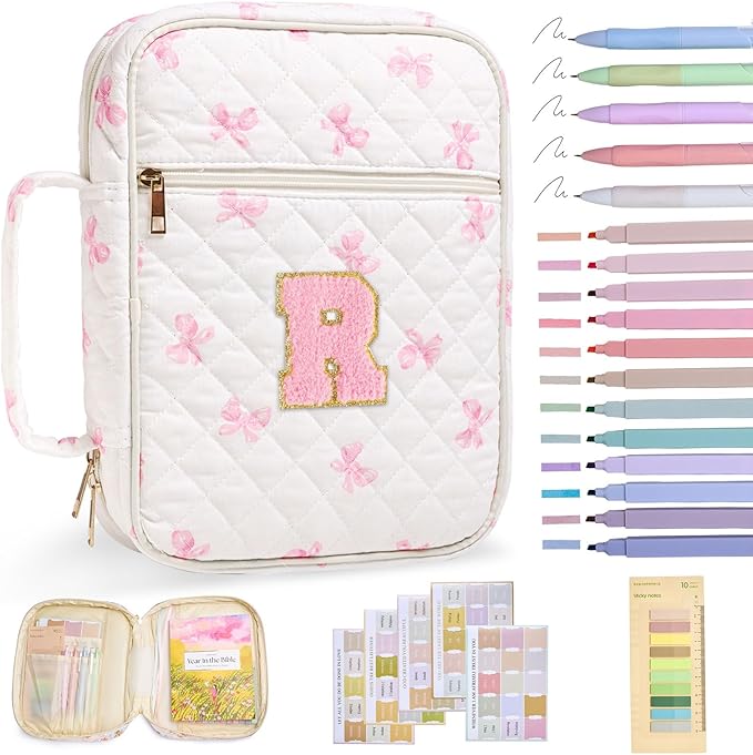 Initial Bible Cover Case for Women Girls Kid Large Bible Cover with Durable Handle Quilted Bible Carrying Case for Girls Bible Study Supplies Accessories (Pink Bow R, one Size)