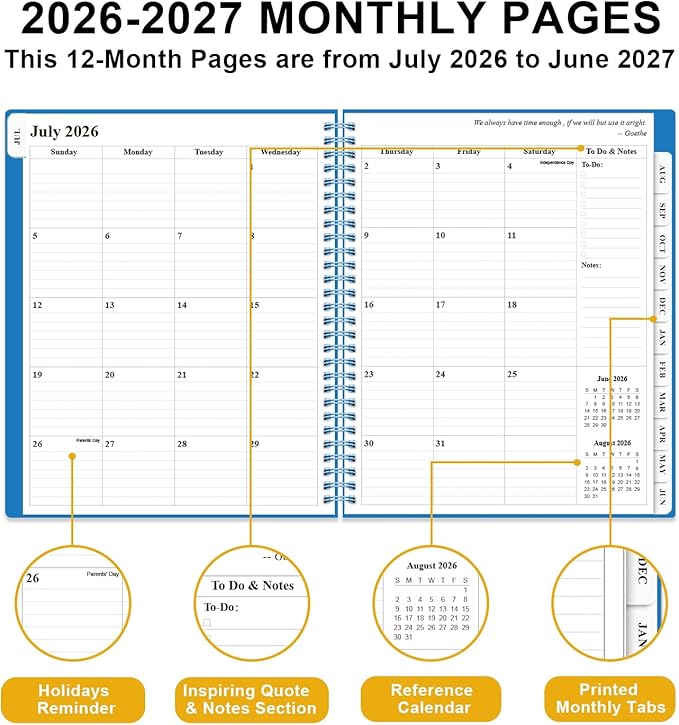 Academic Planner 2026-2027 - Weekly & Monthly Planner from July 2026 to June 2027, Agenda 2026 2027 with Inner Pocket, Elastic Band, 8.5" x 11", Blue