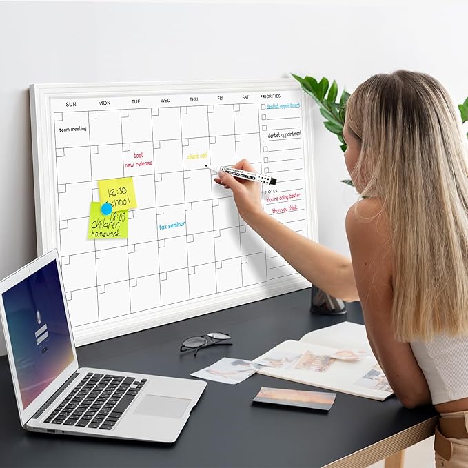 DOLLAR BOSS Magnetic White Board Calendar 24''x 18'', Monthly Dry Erase Planner for Wall with White Wood Style Frame for Office, School, Dorm, Home Decor