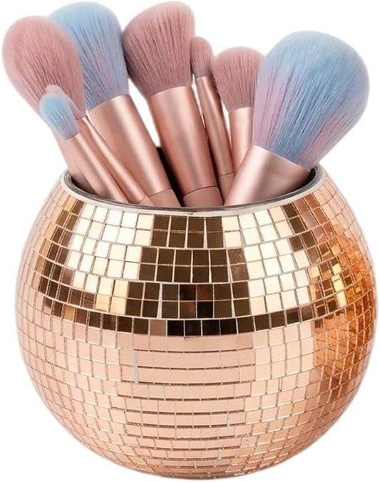 Disco Ball Pencil Holder for Desk - Cute Office Decor & Makeup Brush Organizer, 4.7 Inch Sparkly Glass Pen Cup, Fun Desk Accessories for Women (ROSE GOLD)
