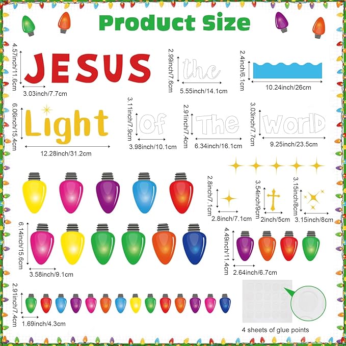 77 Pcs Religious Christmas Bulletin Board Decorations Set with Colorful Light Bulb Paper Cutouts Christian Jesus Bulletin Board for Sunday School Classroom Chalkboard Church Decor