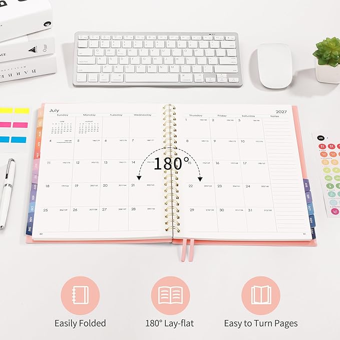 RETTACY 2026-2027 Monthly Planner, Jan 2026 - Dec 2027, Large Size (8.5" x 11"), Agenda, Calendar, 24 Month Tabs, Flexible Plastic Cover, 100 GSM Thick Paper, Spiral-bound (Pink)