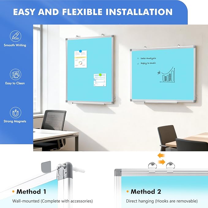 WALGLASS Magnetic Whiteboard 36"x24" Dry Erase White Board for Walls with Pen Tray, Aluminium Frame and Dry-Wipe Writing Surface for Kids' Drawing, Home, and Office (Blue)