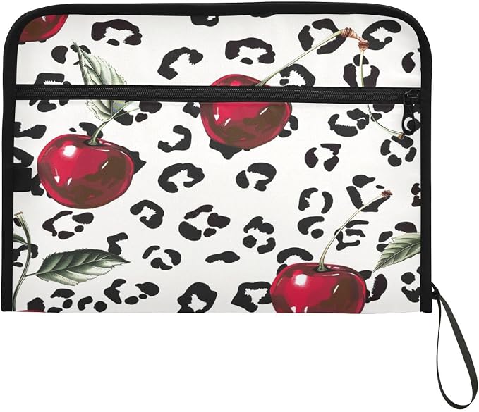 ALAZA Cherry Leopard Spots Expanding Filing Folder, 13 Pockets Expandable Document Organizer Folder with Zipper Closure for Home Office A4 Letter Size Paper Document