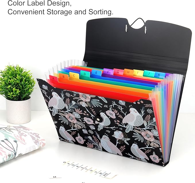 Uquelic 13-Pocket Expanding File Folder, Accordion File Holder with Elastic Buckles Closure – Holds Letter/A4 Size Documents, Floral Printed Accordion Folder, School Office Supplies(Bird Print)