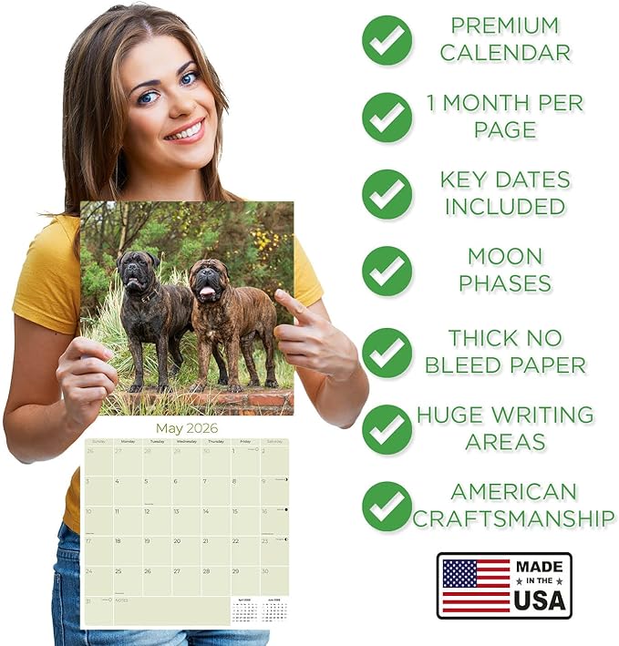 Bull Mastiff Calendar 2026 by MegaCalendars – Monthly Dog Breed Wall Calendar, Made in USA
