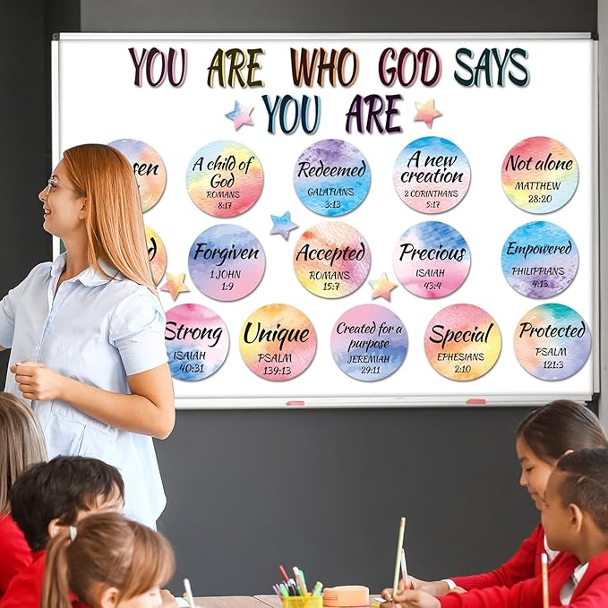 Qyeahkj Christian Bulletin Board Decoration God Says You Are Religious Classroom Wall Decor Watercolor Motivational Quote Cutout Inspirational Bulletin Board Set for Sunday School Home Church Supplies