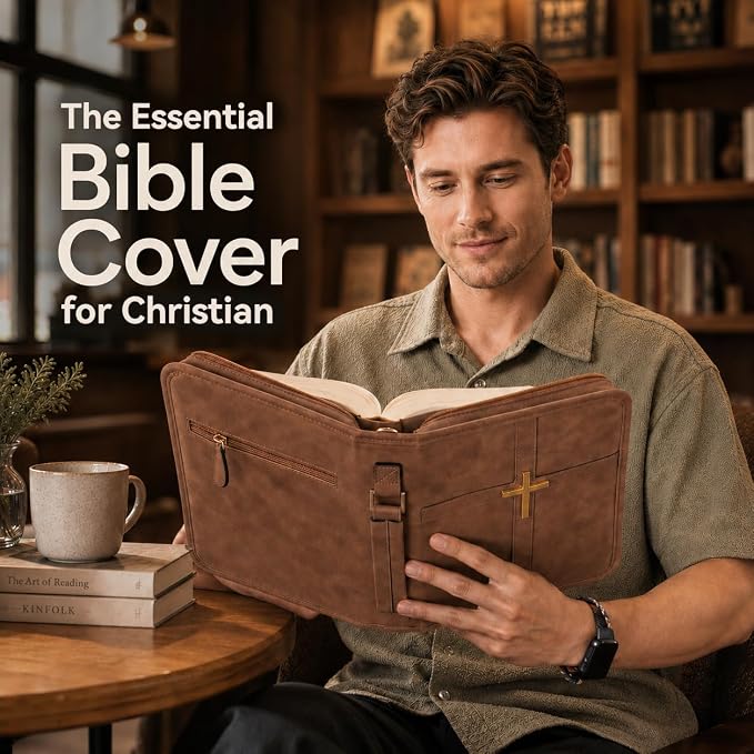 Bible Cover for Men and Women, PU Leather Large Bible Bag with Handle & Shoulder Strap, Bible Carrying Case with Cross Design and Pockets for Church, Bible Study & Christian Gifts, Brown
