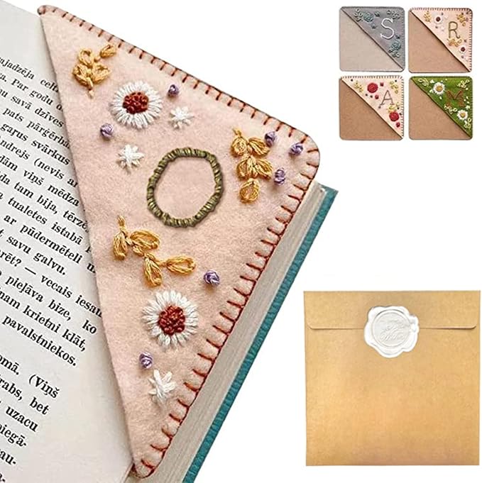 Personalized Hand Embroidered Corner Bookmark, 26 Letters Hand Stitched Felt Corner Letter Bookmark, Cute Flower Embroidery Bookmarks for Book Reading Lovers Meaningful Gift（Spring，O