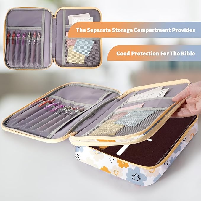 Bible Bag for Girls Organizer - Dual Zipper Compartments with 7 Pen Slots for Church Bible Study, Christian Gift for Teen (Floral-Petal)