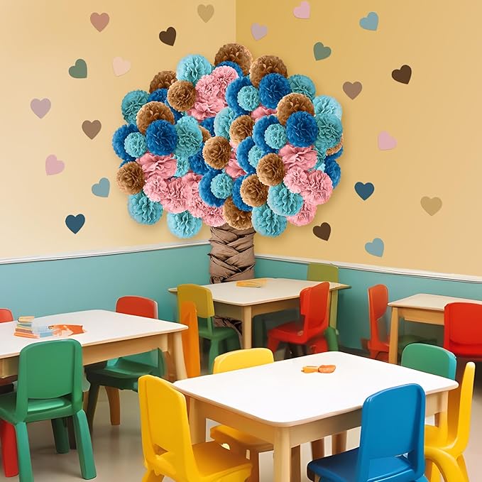 Mooliwe Classroom Tree Bulletin Board Set DIY 3D Cardboard Tree with Paper Pom Poms Kraft Craft Bulletin Board Wall 3D Decorations for School Elementary Teacher Chalkboard(Boho Color,6, 8, 10 Inch)