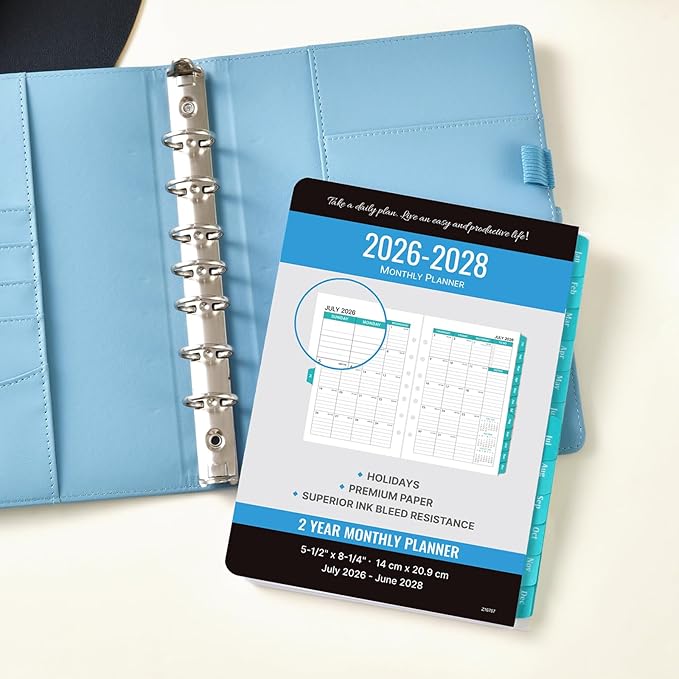 2026-2028 Monthly Planner Refill - Planner Inserts with 7-Hole Punched, 5-1/2" x 8-1/2", Runs from July 2026 to June 2028, Two Pages Per Month, Monthly Calendar with Monthly Tabs