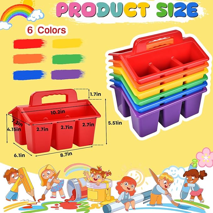 NINU Classroom Caddy Storage Basket with Handle, Plastic Arts Office Crafts Caddy 4 Compartments for Kids, Pencil, Crayon, Marker, School Supplies - 6 Pack Color