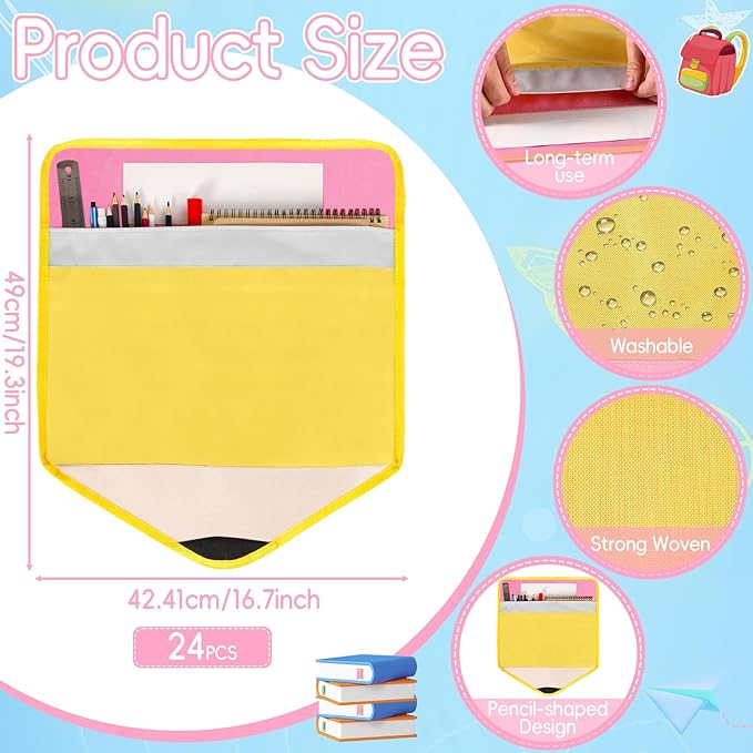 24Pcs Pencil Chair Pockets for Classroom Pencil Chair Back Buddy Pocket with Name Tags 17 x 20In Chairs Organizer 3 Pockets Seat Storage Pocket for Kids School Classroom Daycare Home Supplies