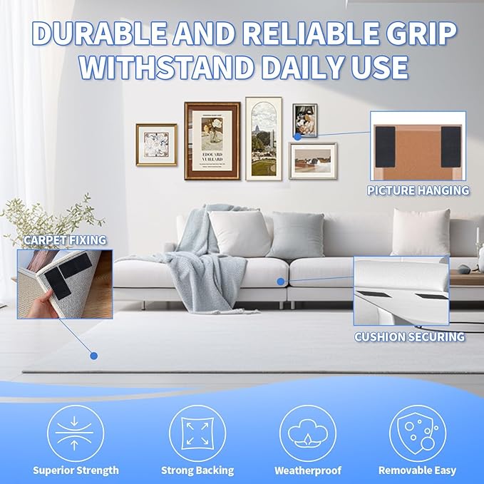 20 Sets Double Sided Tape Heavy Duty White Hook and Loop Tape, 2x4Inch Adhesive Strips – Secure Mounting for Rug Poster Artwork Mirror Hanging Couch Cushion Wall, Indoor & Outdoor Use