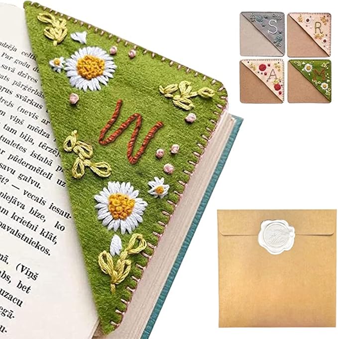 Personalized Hand Embroidered Corner Bookmark, 26 Letters Hand Stitched Felt Corner Letter Bookmark, Cute Flower Embroidery Bookmarks for Book Reading Lovers Meaningful Gift (Summer，W