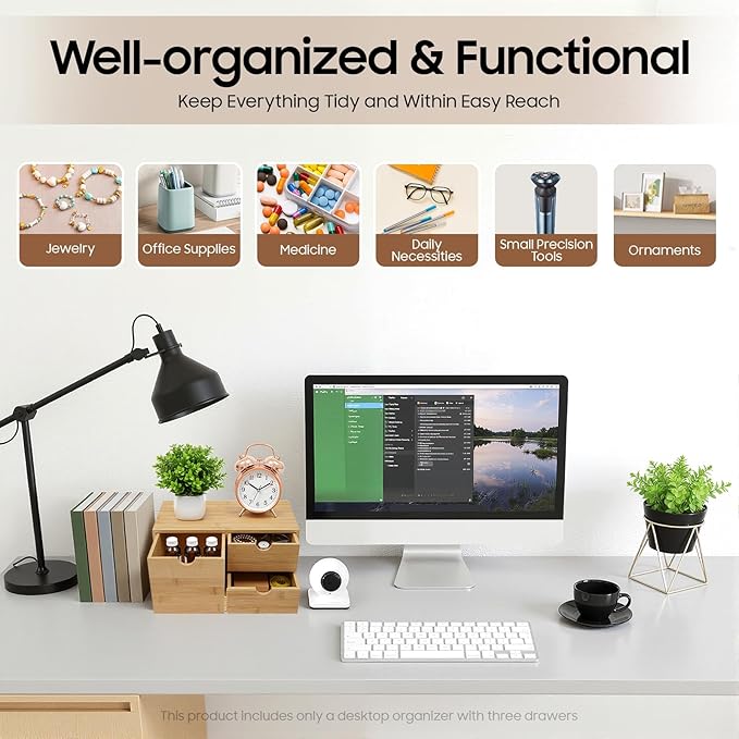 Ringmaster Bamboo Desk Organizer with 3 Drawers,Mini Desktop Organizer Drawer Tabletop Storage Organization Box for Office Home Supplies