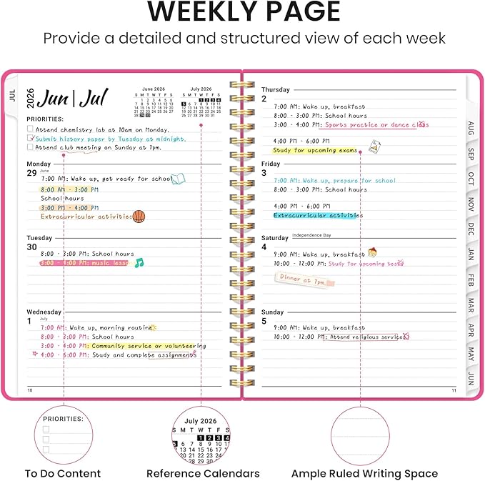 Planner 2026-2027 for Women & Men, Academic Monthly and Weekly Calendar Planner, Jul 2026 - Jun 2027, A5 (6.3" x 8.5"), Teacher Student Planning Book with Tabs, Ideal for Office School Supplies - Berry Pink