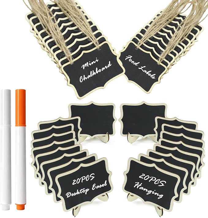 40 Pack Mini Chalkboard Signs - 20 Easel Stand & 20 Hanging Tags with 2 Markers, Wooden Food Labels for Buffet, Party, Wedding, Place Cards, Table Numbers Decor