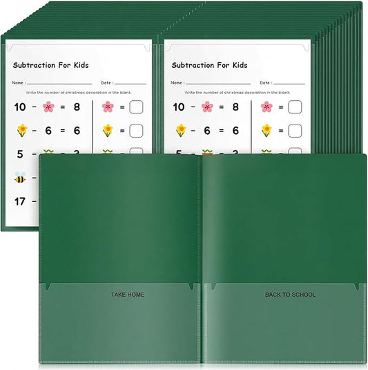 Henoyso 48 Pcs Take Home Folder Heavy Duty 2 Clear Front Pockets and 2 Inside Pockets Homework Folders for School Students Parent Teacher Classroom Communication (Dark Green)