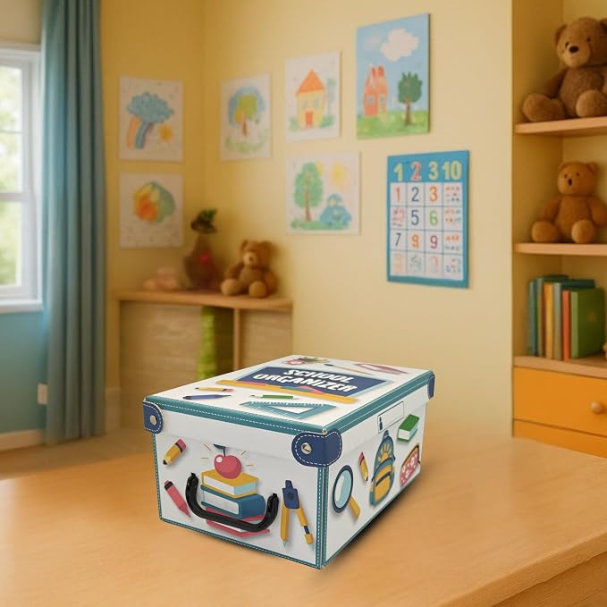 Lavatelli: School Organizer Box - Lid & Handles, Decorative Cardboard Storage, Dividers, Pen Holder, Classroom-Home-Office-Desk, 12.8 x 8.9 x 5.9